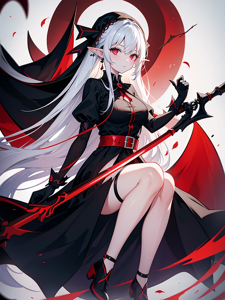 1 Girl Elf, black medivial dress, red stockings, red eyes, white hair with bow, with a huge scythe, against the backdrop of the red moon, night, looking at viewer, 8k, masterpiece, high res, ultrasharp