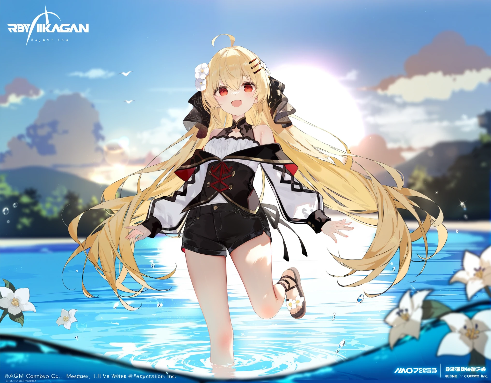 1girl, (by rikatan:1.1), by ciloranko:1.1, (by omone_hokoma_agm:1.1), ((absurdres, official art, masterpiece)), best aesthetic, best quality, ultra detailed, intricate details, new, newest, glossy hair, moist skin, 18 years old, adult woman, medium breasts, blurry background, depth perception, solo, subject focus:1.1, depth perception, empty eyes, red eyes, solo, outdoors, long hair, shorts, water, ahoge, looking at viewer, long sleeves, sunset, standing, bare shoulders, hair ornament, black shorts, sandals, smile, wading, open mouth, sky, standing on one leg, shirt, flower, sun, hair between eyes, short shorts, blonde hair, very long hair, :d, dress, white flower, outstretched arm, cloud, off shoulder, black footwear