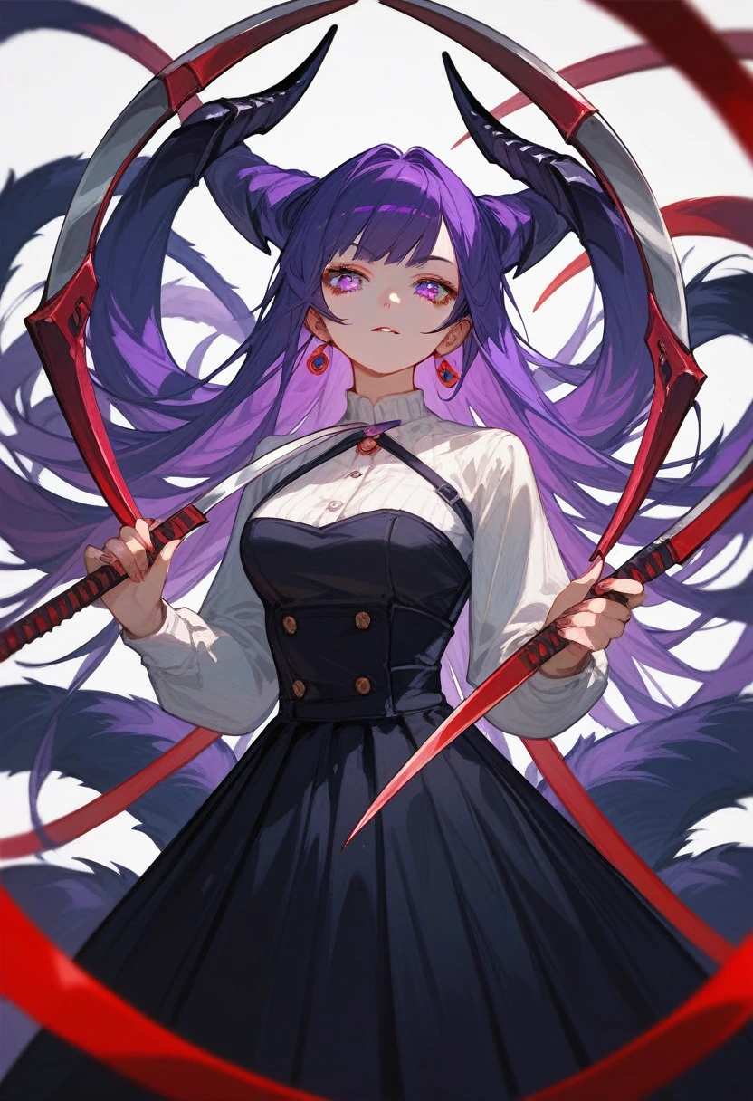 (Fraction_9,Fraction_8_Direction_7_up),1 Girl,Devil Girl,Purple Hair,Double tail,Purple Eyes,wing,Black skirt,Long-handled sickle,beautiful_Face,