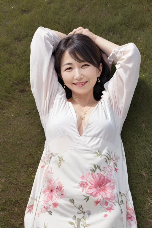 Beautiful mature Japanese woman aged 55, Long eyelashes, Low Ponytail, Red lipstick, Pink Cheeks, Pearl Necklace, Earrings, Dark eyeshadow, Beautiful smile, Clothes that reveal breasts, Floral Dress, Lying in the steppe, Green Grass, Sleep on your back, please stretch your arms