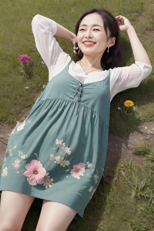 Beautiful mature Japanese woman aged 55, Long eyelashes, Low Ponytail, Red lipstick, Pink Cheeks, Pearl Necklace, Earrings, Dark eyeshadow, Beautiful smile, Clothes that reveal breasts, Floral Dress, Lying in the steppe, Green Grass, Sleep on your back, please stretch your arms