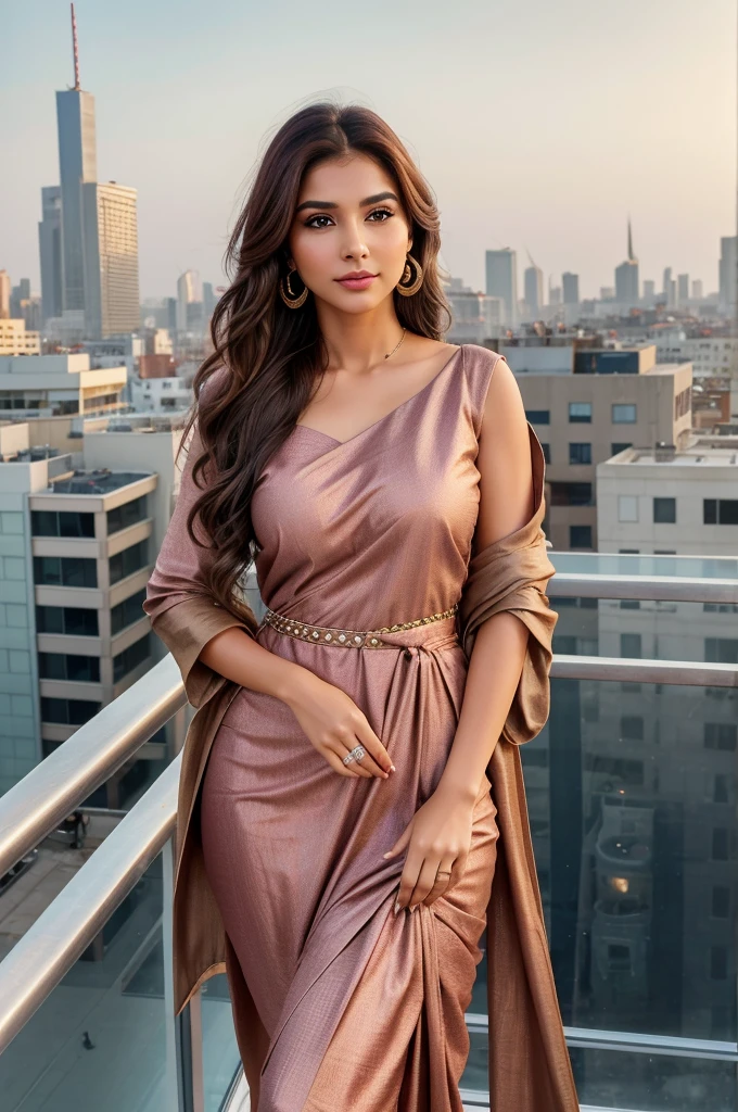 Generate hyper realistic image of a breathtaking woman with cascading brown hair and captivating brown eyes, standing on a rooftop overlooking the city skyline. Dressed in a stylish indian suit- salwar. Adorned with elegant earrings and a chic handbag slung over her shoulder, she gazes thoughtfully at the horizon, her blush-covered cheeks adding a touch of warmth to her complexion. With a subtle smile playing on her lips, she exudes a magnetic charm that captivates the viewer.