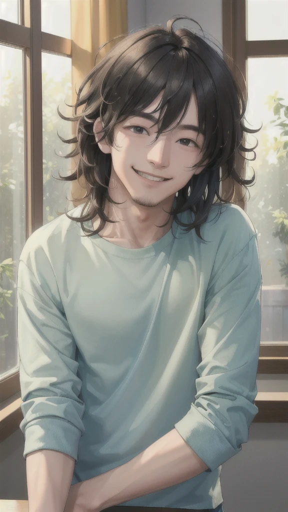(best quality,4k,8k,highres,masterpiece:1.2),ultra-detailed, (looking at viewer) a young man in casual clothing, messy hair, smiling, indoors next to window, dynamic lighting, detailed, splash colors, close up