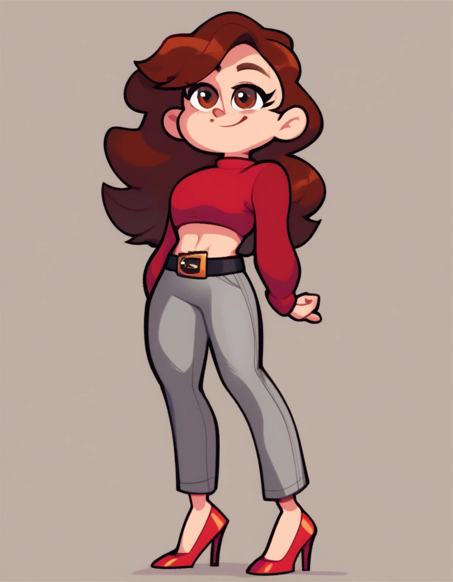 girl, 1girl, solo, long hair, smile, simple background, brown hair, shirt, long sleeves, brown eyes, standing, full body, shoes, midriff, belt, pants, high heels, crop top, red footwear, red shirt, grey pants, red high heels, source, blsck eyes
