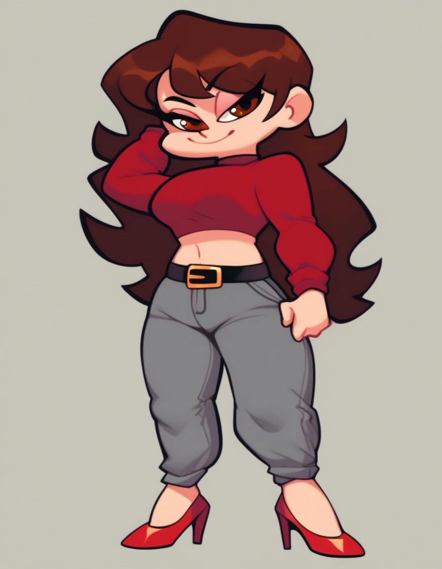 girl, 1girl, solo, long hair, smile, simple background, brown hair, shirt, long sleeves, brown eyes, standing, full body, shoes, midriff, belt, pants, high heels, crop top, red footwear, red shirt, grey pants, red high heels, source, blsck eyes