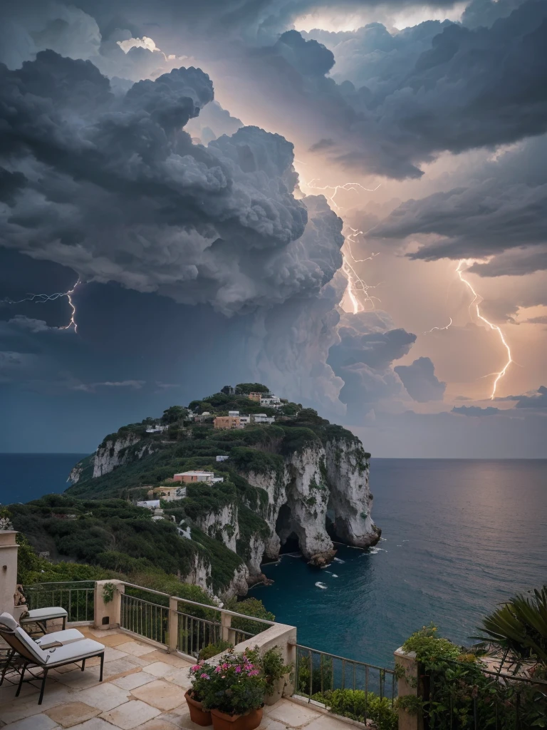 there is a hammock hanging from a balcony with a view of the ocean, capri coast, beautiful place, beautiful scenic view, beautiful italian beach scene, beautful view, mediterranean vista, mediterranean island scenery, gorgeous view, paradise in the background, cozy place, incredibly beautiful, detailed scenic view, in a mediterranean lanscape, beautiful terrace, overlooking the ocean, amazing lightning art, natural lightning, creepy lightning, amazing lightning, dramatic lightening, lightning creating life, crackling with lightning, epic lightning, colossal lightning, scary lightning, beautiful lightning, lightning strikes, exquisite lightning, insane lightning, national geographic photo”, thunderstorm and fire, lightning strike,
