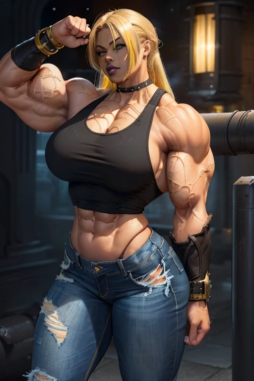 (((((Massive, beautiful, buff, light brown skinned muscular woman with yellow hair, black lipstick, ginormous bulky muscles, heroically standing and wearing a black tank top with tight denim jeans))))), (close view), massive muscles, hyper muscles, long flowing hair, ((black leather tank top)), gray eyes, (spiky gauntlets), choker, ((tight denim jeans)), black boots, (in the Darkened city), (Dark and moody universe:1.4), closed smile, night,