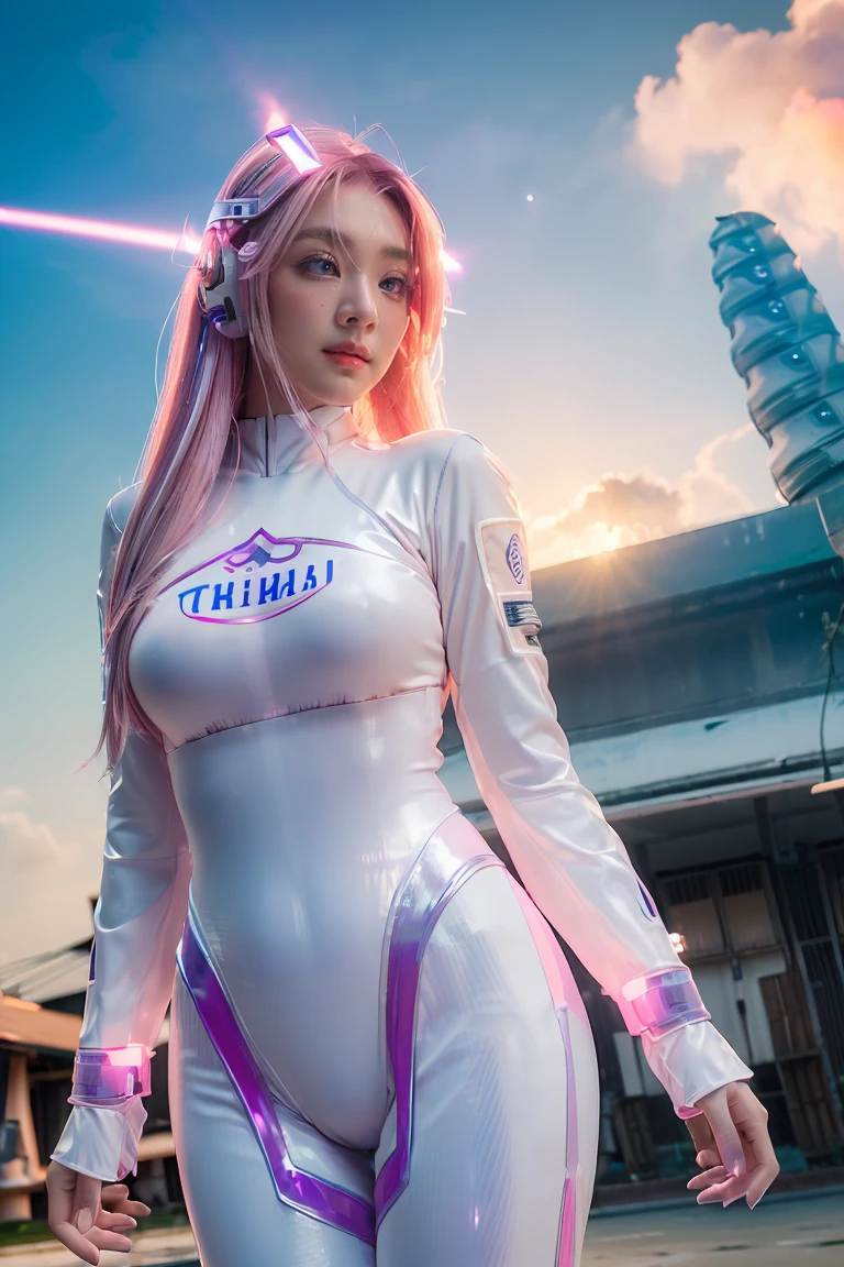 ((masterpiece, best quality, extremely detailed), volumetric lighting, ambient occlusion, colorful, glowing),
1girl, solo, young girl, (pink hair), long hair, halo, aura, sacred, godness, cyber suit, (white outfit:1.3), android, bot, angel wings,
outdoors, sunset, sky, clouds, space, (cyberpunk theme:1.2), (((THailand:1.5)))