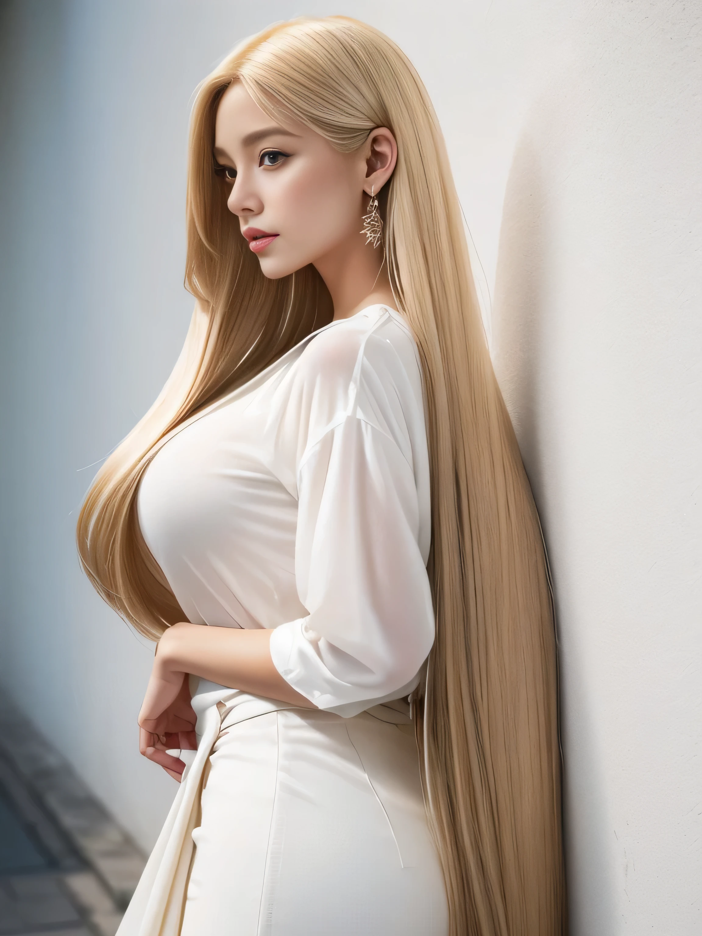 (Upper Body Shot:1.1)　(She is standing in front of a white wall and in a sway back stance:1.4, Expose as much hair as possible.:1.4)　((((Her hair color is the most beautiful blonde in the world.!!!!!))))　((He holds her large breasts from underneath with both hands.))　((((Her hair color is the most beautiful blonde in the world.!!!!!))))　((((Her hair color is the most beautiful blonde in the world.!!!!!))))　((((Her hair color is the most beautiful blonde in the world.!!!!!))))　((Highest quality)), ((masterpiece)), (family friendly), (Get used to it)　((Big Breasts:1.5))　((Her hair is very straight!!!!!))　(((Her straight hair is splayed out at both ends.:1.5)))　((Her bangs are neatly trimmed and straight down))　(((Her hair length has grown to an absurdly extra-long very long hair.!!!!!　and very very straight)))　(Very long hair Up to the ankle!!!!!　Highest quality　Attention to detail　Very long hair Up to the ankle!!!!!　Very long hair!!!!! It lasts forever!!!!!　Flowing Hair　Very shiny and thick hair　Abnormally long hair!!!!! It lasts forever!!!!!　Flowing Hair on both ends!!!!!　Very long hair!!!!! Up to the ankle!!!!!　Very long hair!!!!! Up to the ankle!!!!!　　Thick and shiny hair　Very free hair　Abnormally long hair!!!!!　Beautiful silky hair　Beautiful and shiny hair　Beautiful and shiny hair　Beautiful silky hair　Very long hair Up to the ankle!!!!!　Very long hair!!!!!　Very long hair!!!!!)　(She is wearing a white blouse and skirt　)　(Japanese Solo Photos&#39;The most beautiful 24-year-old hair models:1.5)　Perfect Woman&#39;face　(She has a typical Japanese build and skin color..., Her skin is very high quality and ultra high definition.、very beautiful and glowing skin)　(Her face is dignified and sexy)（She applied sexy makeup with the help of a professional makeup artist.......　Lipstick is bright red　The eyeliner is a beautiful black)　(She has a typical Japanese build and skin color　Her skin is very delicate and sensitive..、and、Such beautiful and radiant skin)　((Her face shape is thinner than average:1.4))　((Her eyes are larger than average:1.4))　((Her eyes are larger than average:1.4))　((Rich 1.4))　(Extremely detailed 8K)　(Ultra-fine skin texture 1.4)　(current, Vibrant:1.4), 　Sharp focus:1.2、Beautiful woman:1.4　Dynamic Lighting　(Genuine RAW photos taken by professional photographers)　very beautiful and glowing skin)　(Surreal photos by professional photographers :1.2)　(Very long hair Up to the ankle!!!!!　Highest quality　Attention to detail　Very long hair Up to the ankle!!!!!　Very long hair!!!!! It lasts forever!!!!!　Flowing Hair　Very shiny and thick hair　Abnormally long hair!!!!! It lasts forever!!!!!　Flowing Hair on both ends!!!!!　Very long hair!!!!! Up to the ankle!!!!!　Very long hair!!!!! Up to the ankle!!!!!　　Thick and shiny hair　Very free hair　Abnormally long hair!!!!!　Beautiful silky hair　Beautiful and shiny hair　Beautiful and shiny hair　Beautiful silky hair　Very long hair Up to the ankle!!!!!　Very long hair!!!!!　Very long hair!!!!!)　