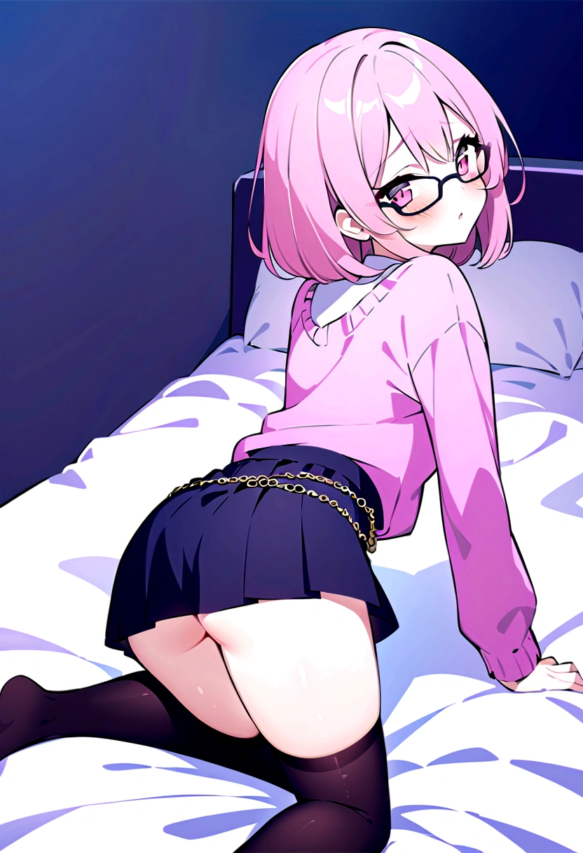 pink hair black glasses pink eyes extremely blushing a large pink sweater short black skirt at the waist chains black stockings that she is a reserved girl her bed that she is on her knees touching her butt