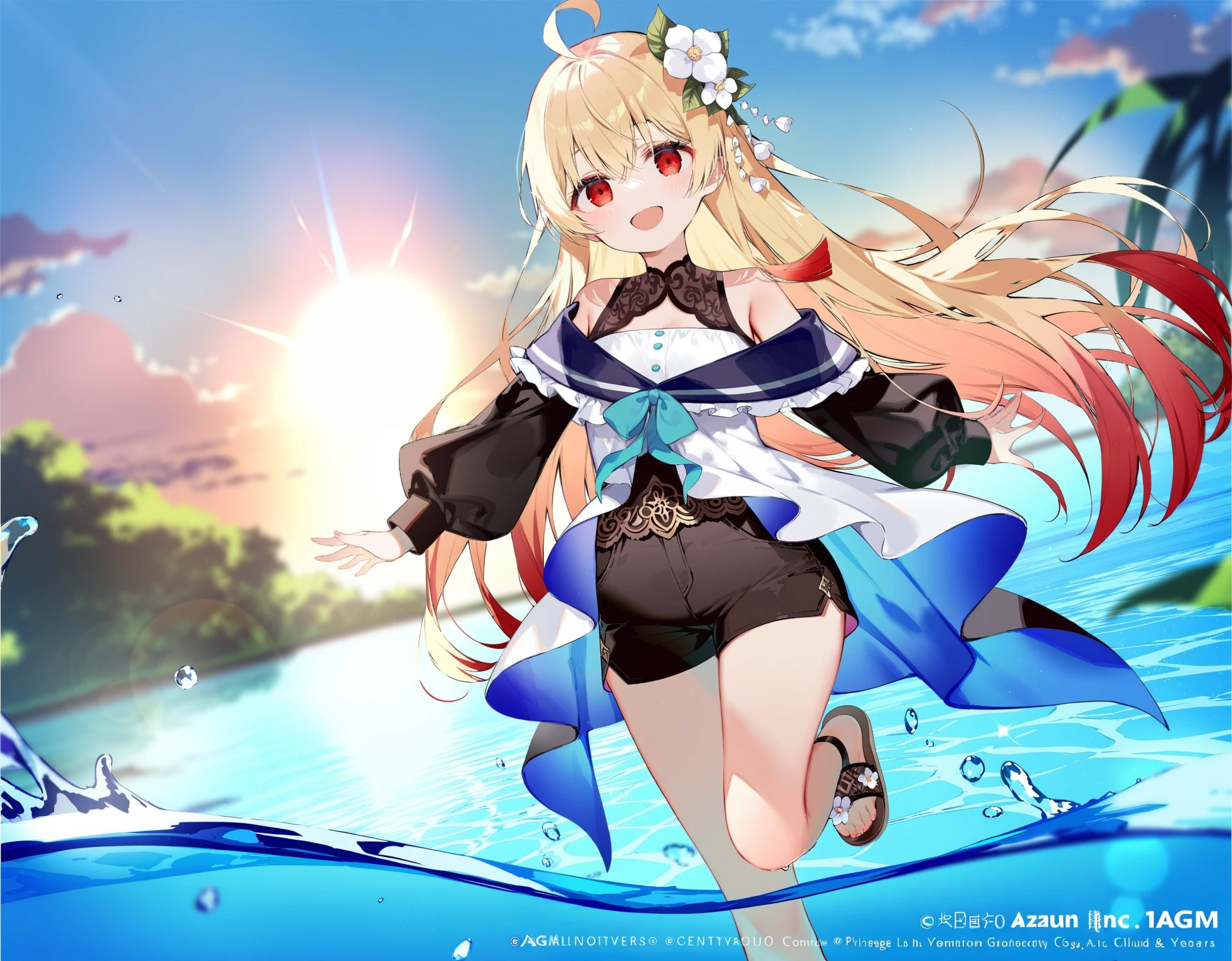 1girl, (by azumi kazuki:1.1), by ciloranko:1.1, (by omone_hokoma_agm:1.1), ((absurdres, official art, masterpiece)), best aesthetic, best quality, ultra detailed, intricate details, new, newest, glossy hair, moist skin, 18 years old, adult woman, medium breasts, blurry background, depth perception, solo, subject focus:1.1, depth perception, empty eyes, red eyes, solo, outdoors, long hair, shorts, water, ahoge, looking at viewer, long sleeves, sunset, standing, bare shoulders, hair ornament, black shorts, sandals, smile, wading, open mouth, sky, standing on one leg, shirt, flower, sun, hair between eyes, short shorts, blonde hair, very long hair, :d, dress, white flower, outstretched arm, cloud, off shoulder, black footwear
