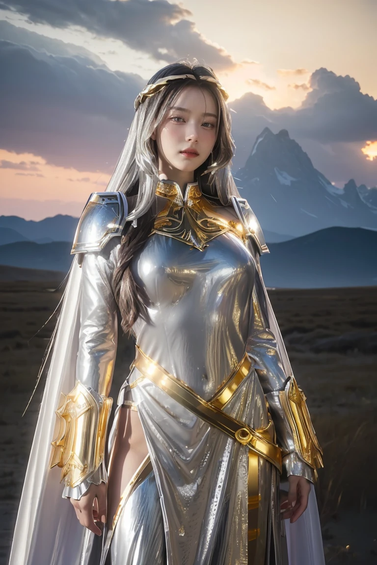 ((masterpiece, best quality, extremely detailed), volumetric lighting, ambient occlusion, colorful, glowing), 1girl, solo, young girl, (dark hair), long hair, halo, aura, sacred, goddess, cleric suit, (silver outfit with gold detailst:1.3), armor, outdoors, sunset, sky, clouds, space, (fantasy theme:1.2),