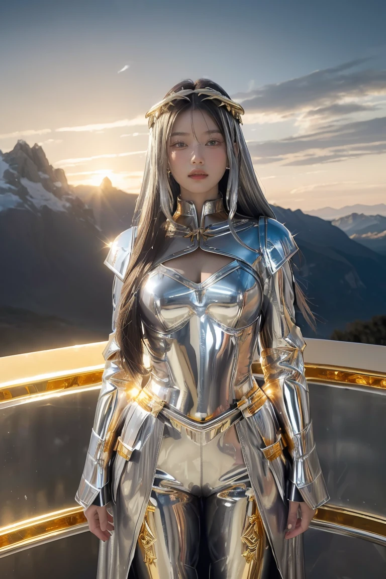 ((masterpiece, best quality, extremely detailed), volumetric lighting, ambient occlusion, colorful, glowing), 1girl, solo, young girl, (dark hair), long hair, halo, aura, sacred, goddess, cleric suit, (silver outfit with gold detailst:1.3), armor, outdoors, sunset, sky, clouds, space, (fantasy theme:1.2),