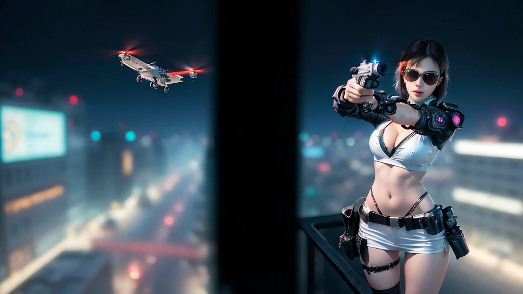 At night, dark sky, aerial view of cyberpunk city, ((flying vehicle)). (1girl, solo), photo realistic, medium-breast:1.1 slim body, cleavage, sexy clothes, (black sunglasses), (((hip-up standing aiming pistol pose))), half-body thigh level medium shot, cinematic lighting.