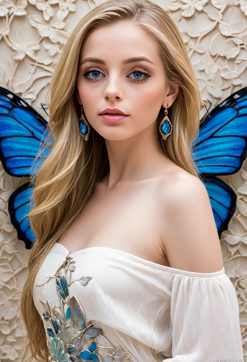 A solitary woman with long blonde hair and captivating blue eyes gazes confidently at the viewer, her arms behind her head as she stands in front of a wall covered in intricate butterfly designs. Her lips are closed in a serene expression as she wears a pair of dazzling earrings, adding a touch of glamour to her look. With a slight tilt of her head, she reveals a small bug crawling on her shoulder, adding an unexpected element to the scene.