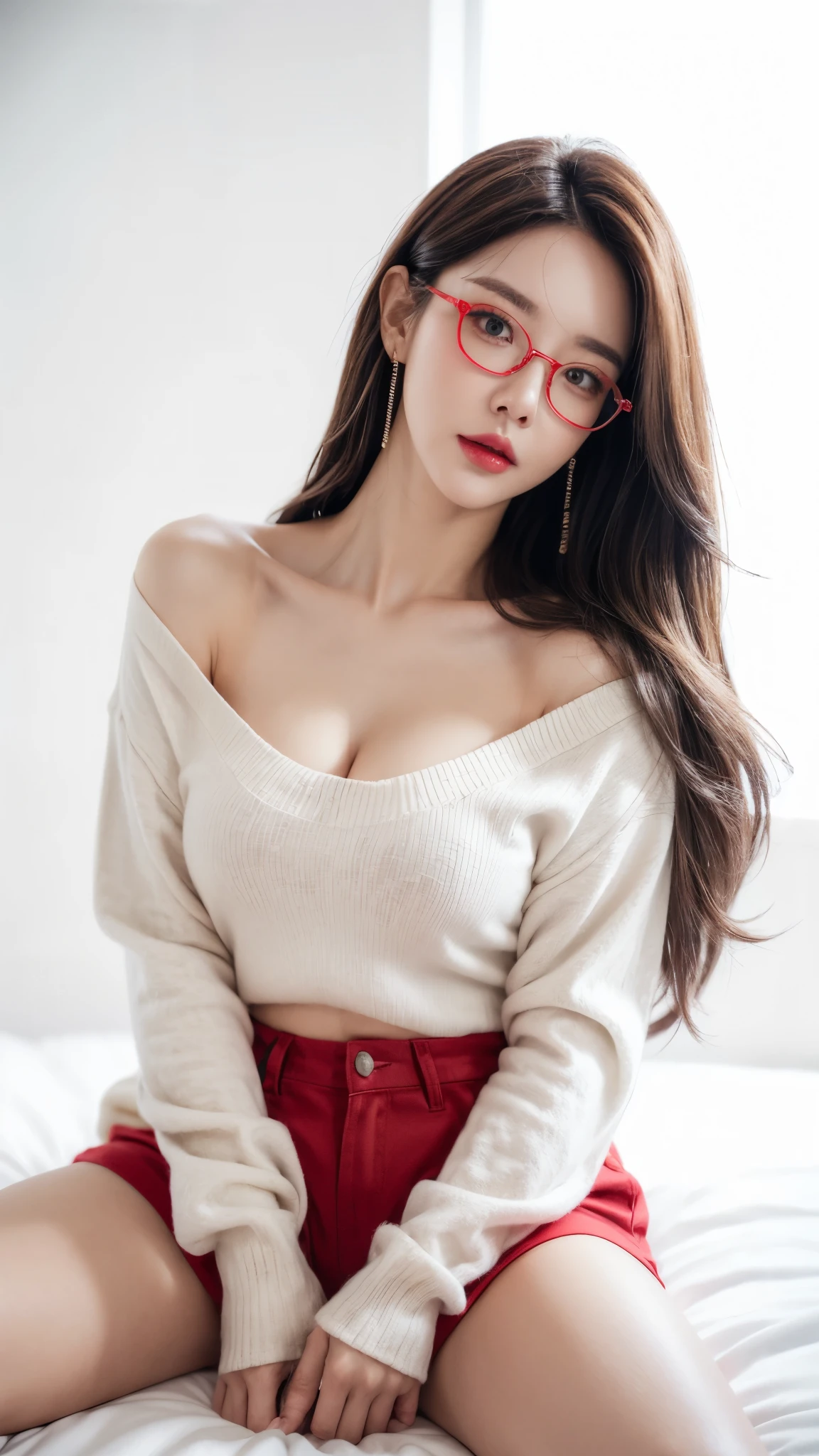 female, fair, amazing face and eyes, cosmetics, red glossy lips, (Extremely detailed fair face), (The sexiest look), (sweatshirt), (best quality), (very detailed), (very detailed CG 통합 8k 벽지),original photo, professional photography, (permanent), (pure white background),(black hair),(big eyes),(soft light source),(a little cleavage),(shorts),(red underwear)，gold glasses