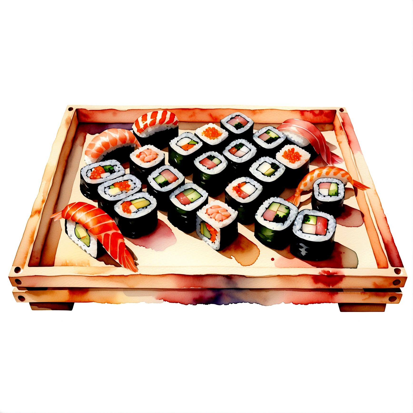 there are many different type delicious sushi, served in a wooden tray, the tray is full, illustration, isolated with solid white background, surrounded with negative space, centered compositon, 8k, highly detailed painting, very precise painting, Isolated, clear brilliant white background, perspective angle of view, vector clipart, washed out color ((lora:add-detail-xl:1)), (watercolor),