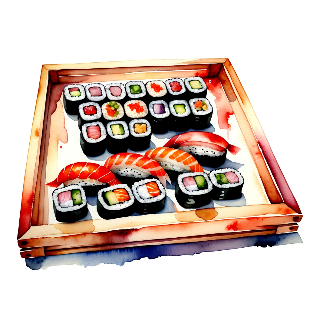 there are many different type delicious sushi, served in a wooden tray, the tray is full, illustration, isolated with solid white background, surrounded with negative space, centered compositon, 8k, highly detailed painting, very precise painting, Isolated, clear brilliant white background, perspective angle of view, vector clipart, washed out color ((lora:add-detail-xl:1)), (watercolor),