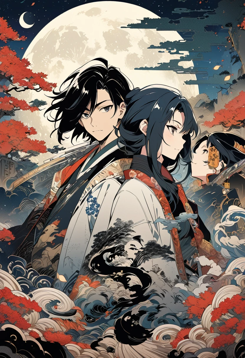 a couple in love under a full moon and starry sky, detailed anime style portrait, ancient chinese ink painting style art, manga cover style, moon behind them, clean and detailed anime style, guys, digital anime illustration, detailed and clean anime art, detailed manga style, illustration anime, anime style illustration, 4k anime style, detailed digital anime art