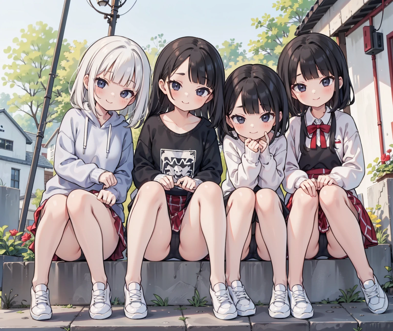 girls were sitting on the stone steps, white pantie、she was wearing a short sweatshirt, Vans sneakers, Red checked skirt、white sneakers, black hair, detached house, flowers,Happy girl with round faceies