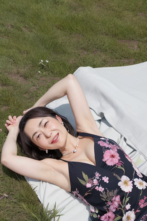 Beautiful mature Japanese woman aged 55, Long eyelashes, Low Ponytail, Red lipstick, Pink Cheeks, Pearl Necklace, Earrings, Dark eyeshadow, Beautiful smile, Clothes that reveal breasts, Floral Dress, Lying in the steppe, Green Grass, Sleep on your back, please stretch your arms