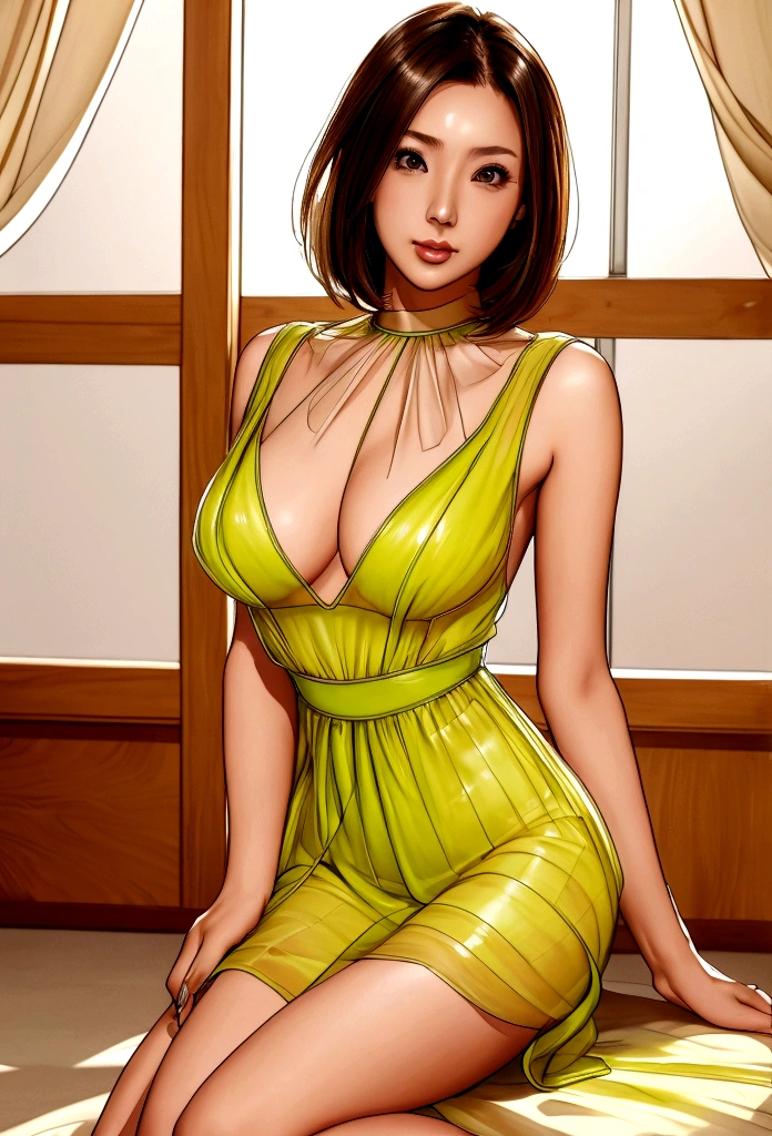 circle japan, physical build, a temporary mood, 40 year old intelligent woman, mature, brown long bob hair、slim face, Beautiful woman, lime yellow short dress: 1.1, stylish pumps, double eyelid, blurred background, fascinating face, office、(((sheer thin dress))), (((sexy body))), big tits, voluptuous body, hot girl