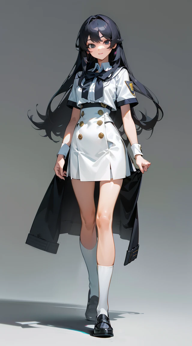 ((best quality,4K,high resolution,masterpiece:1.2)),((Character Concept Art)), 1 female, Adolescent females, 15-year-old Asian beauty queen, ((Long shoulder-length black hair)), Black Hair, (Fair skin tone), Extremely fine eyes (black eye color), Innocent, beautiful, , slim body, ((Intricate details)), Very delicate hands, Extremely fine fingers(((Ten fingers))), Wearing a white short-sleeved school uniform shirt，Wear a bow tie, Gray school skirt, Knee-length school socks, and black campus loafers, (casually standing), (Full body display), (revealing the whole body), (No logos on background), (No logo), ((Solid color background)), ((Solid color background)), (((Empty background)))　a cyber samurai(detailded)
Face perfect (masterpiece, top quality, best quality), 1 girl solo, in a full body suits, medium breasts, longye hair, white in color, smile simple, on a simple background, cinematic lighting, de alta calidad, (master&#39;s degree, extremely detailed 8k CG to wall), (master&#39;s degree), (best qarity), (ultra-detailed), (best illustration), (better shadow), (Absurrs), (master&#39;s degree), (
