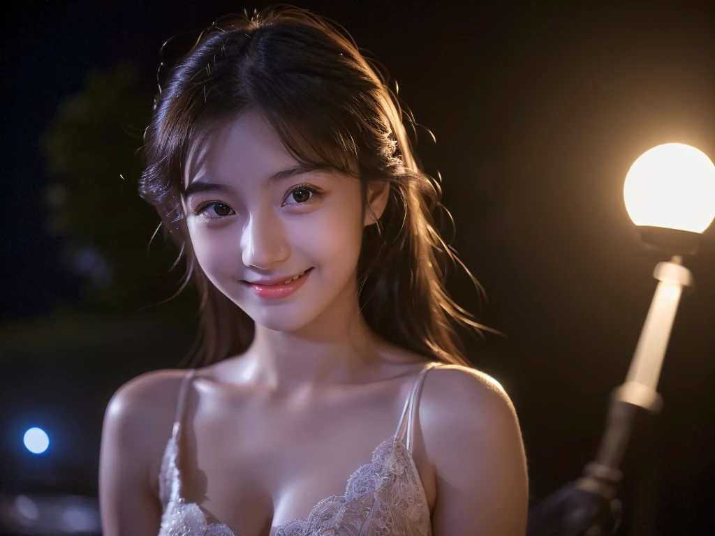 (((A very beautiful moonlit night)))、((An 18-year-old girl with a very cute face like an idol))、Smiling Kindly、Cleavage、(Cinema lighting)、Artistry、(Facial and body depictions that are indistinguishable from real life)、masterpiece