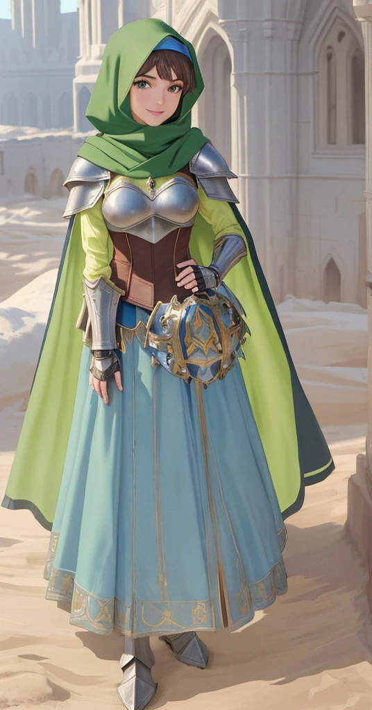 masterpiece, best quality:1.2), 1girl, smile, looking at viewer, green eyes, short brown hair, princess, armor, blue hijab headscarf, pauldrons, armored dress, green cloak cape, wearing puffy blue ballgown skirt, armored boots, fingerless gloves, standing in front of desert castle