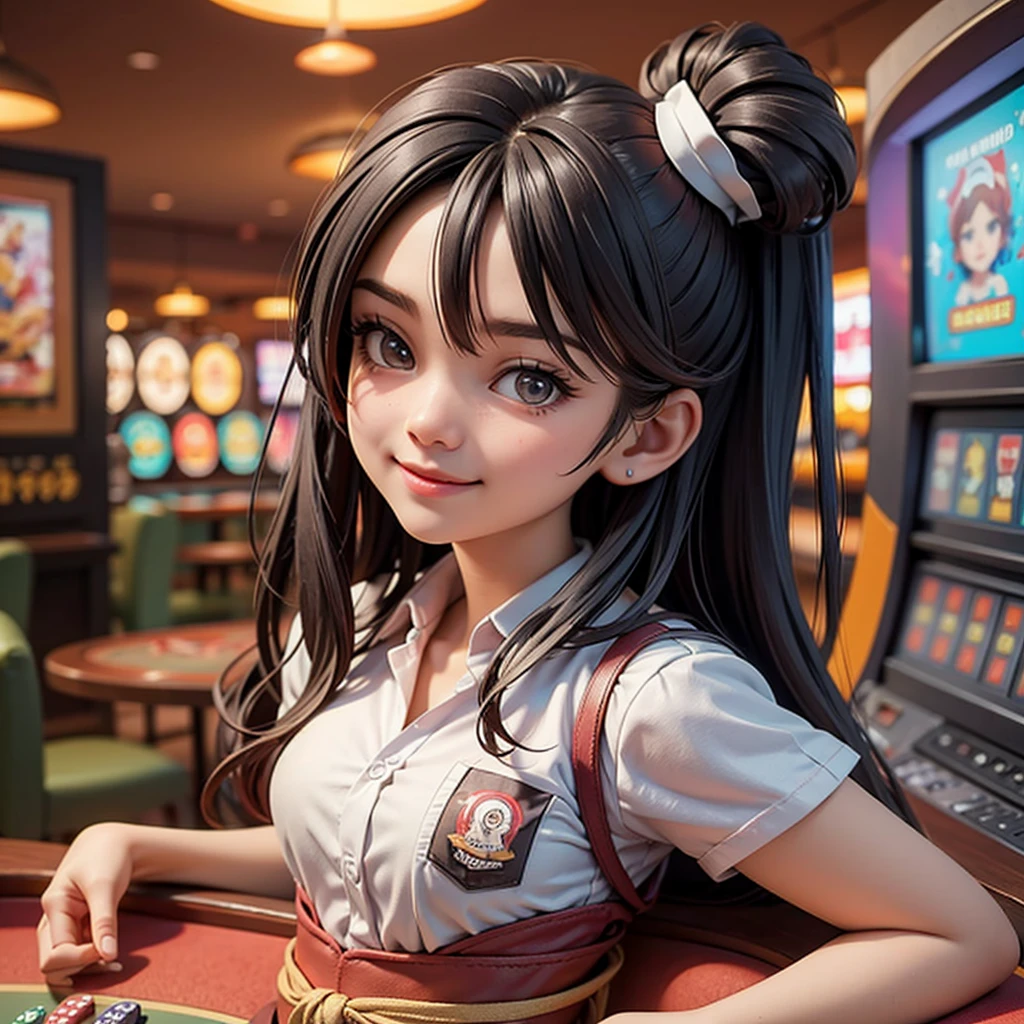 ((best quality)), ((masterpiece)), (detailed), happy and smile, {{indonesian girl}}, {wearing high school uniform}, teasing and waiting customer play, standing, playing in casino, red casino background, polite and kind, Sweet Face, roulette table, poker table, big slot machines right and left, win jackpot, {{no headwear, no hat}}, private casino, crowded gambling area in background, so crowded, so many people, las vegas, american, illusions, halloween casino, dont wear hat, no headwear, no hat, together with thailand and vietnam girl, jumping