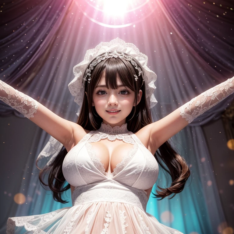(CeilingShot from Below:1.28), White and Blood Red, (Masterpiece 8K TopQuality:1.2) (ProfessionalPhoto:1.37) ExtremelyDetailed (((FullBody, KAWAII girl with HUGE boobs:1.37)) in (WHITE Lace Wedding MiniDress:1.28)) detailed (Delicate Lace textures), (Detailed(Distant Elaborate Stainedglass Background:1.37) (Tyndall Effect) (Oodles Dazzling NeonColor Particles:1.32)) BREAK ((ZoomLayer, BokeH))PerfectLighting, (((NOGIZAKA FaceVariations))), Extremely Detailed (very KAWAII Face), Childish CaptivatingGaze Stunning ParfectEyes ElaboratePupils with (SparklingHighlights:1.28), Radiant PearlSkin with Transparency . { (Dynamic Joyful expressions LifeLike Rendering:1.4) | (:d) }, (Acutance:0.8) .
