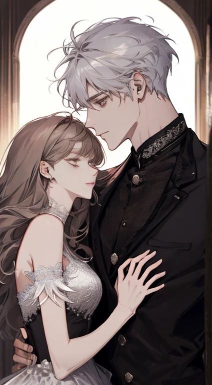 (extreamly delicate and beautiful:1.2), 8K, (tmasterpiece, best:1.0), Two male, One female, Upper body body, black-haired, silver hair, red dark hair, love triangle, 2 male 1 female - love triangle
