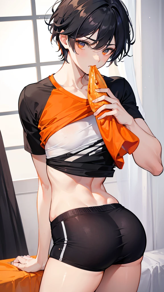 College boy. Boy. Male. Short hair. He is a handsome man, very disciplined and studious. He has a slim toned body and a thick rear, wears a black short short, making his voluminous large ass stand out. Orange crop top. Black messy hair. High quality. Bending over, leaning, rear pointed at camera, looking back, eating a burrito. Orange LED bedroom.