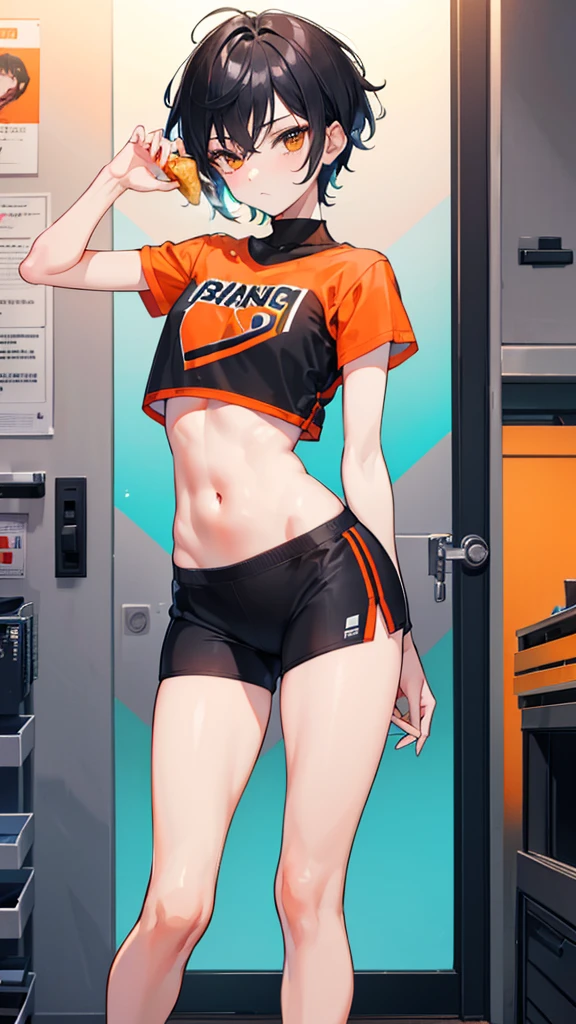 College boy. Boy. Male. Short hair. He is a handsome man, very disciplined and studious. He has a slim toned body and a thick rear, wears a black short short, making his voluminous large ass stand out. Orange crop top. Black messy hair. High quality. Bending over, leaning, rear pointed at camera, looking back, eating a burrito. Orange LED bedroom.
