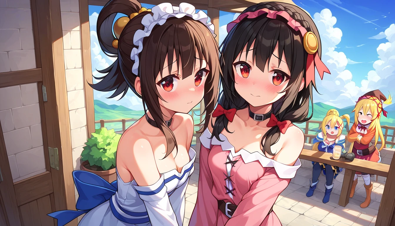 ((2girls:1.3)), ((moe style:1.3)), ((standing:1.3)), ((bomb:1.3)), ((black hair:1.3)), megumin (konosuba), yunyun (konosuba), ((shy:1.3)), blush, ((perfect face)), ((extremely cute:1.3)), ((masterpiece:1.3)), ((8k)), ((best quality:1.3)), ((beautiful)), ((extremely detailed:1.3)) , ((absurdres)), AddXL, ((score_9:1.3)), ((score_8_up:1.3)), ((score_7_up:1.3)), Expressiveh 
