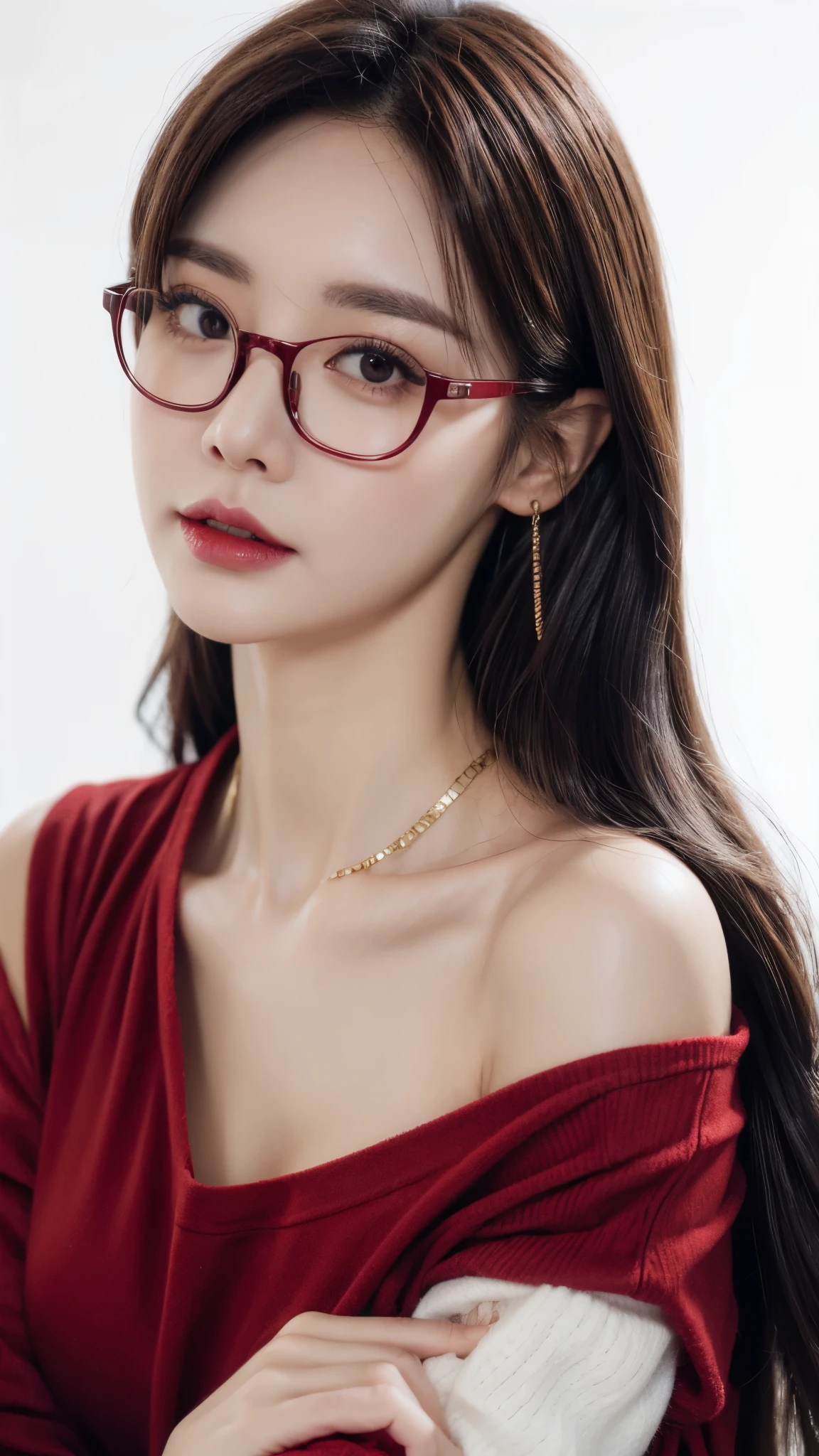 female, fair, amazing face and eyes, cosmetics, red glossy lips, (Extremely detailed fair face), (The iest look), (sweatshirt), (best quality), (very detailed), (very detailed CG 통합 8k 벽지),original photo, professional photography, (permanent), (pure white background),(black hair),(big eyes),(soft light source),(a little cleshorts),(red underwear),gold glasses