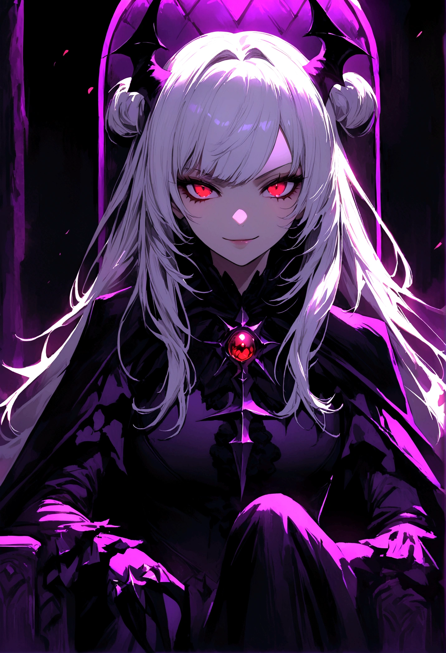 Gothic demon girl with white hair and red eyes with a serious smile sitting on a throne dark background with purple tones semi-realistic anime HD