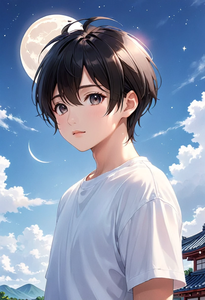 cute anime-style face, Chisato, black hair with bangs, cute and delicate face, young cute pale Asian face, Sakimichan, midday moon and stars in the sky, A handsome boy in a white shirt, Realistic anime boy