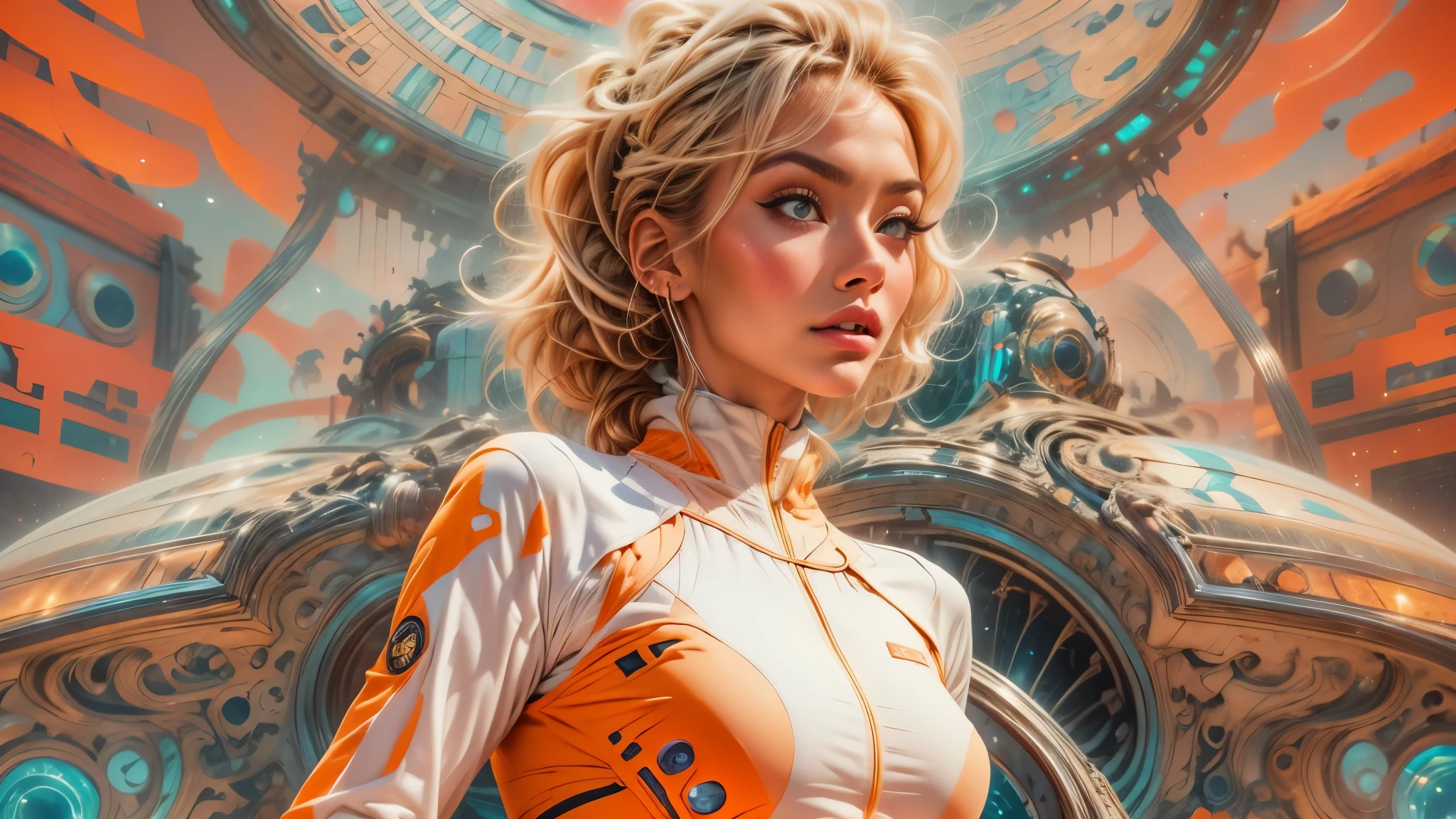 arafed image of a white woman in a futuristic suit with a spaceship in the background, movie art, in front of an orange background, inspired by Robert McGinnis, female protagonist, megastructure in the background, portrait of an ai astronaut, astronauts, an astronaut, portrait of a astronaut skeletor, perfect android girl, Highly Detailed Face and Skin Texture, Detailed Eyes, Double eyelids, perfectly detailed teeth, frank franzzeta and sakimichan  