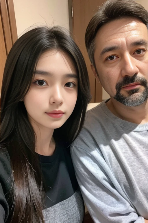 ((Two-shot of a long-haired woman and a middle-aged man))、Black long sleeve、Very obscene、((Selfie style in my room)),((student))、((Very young))、((very cute))、((So adorable))、Daddy-style、P Live