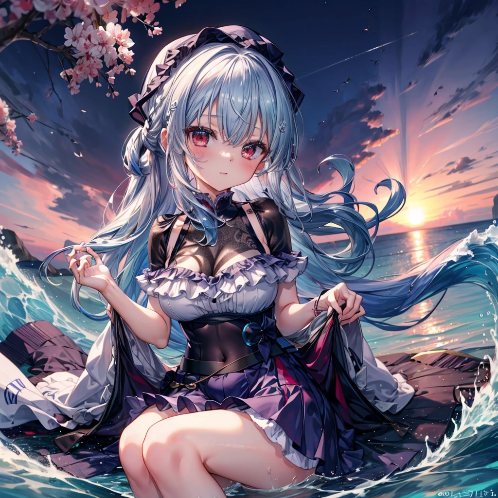 ((Highest quality)), ((masterpiece)), ((detailed)), (4K), a sexy anime girl wearing a 比基尼 in water with waves, 1girl, 独奏, swimsuit, breasts, (比基尼), indigoblue hair, cleavage, navel, water, large breasts, looking at viewer, bangs, frills, frilled 比基尼, sitting, pink 比基尼, long hair