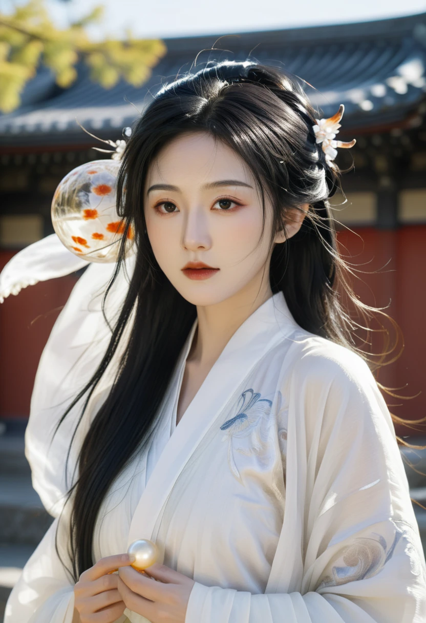 Portrait of Amaterasu, 8K, hd, highly detailed, realistic, photography, photo realism, a beautiful goddess bathed in the radiant light of the sun, with long black hair flowing in the wind, wearing a pure white kimono, and holding a glowing orb. The background features the precincts of a Shinto shrine, exuding a majestic atmosphere. --ar 9:16 --v 6.0 --s 750