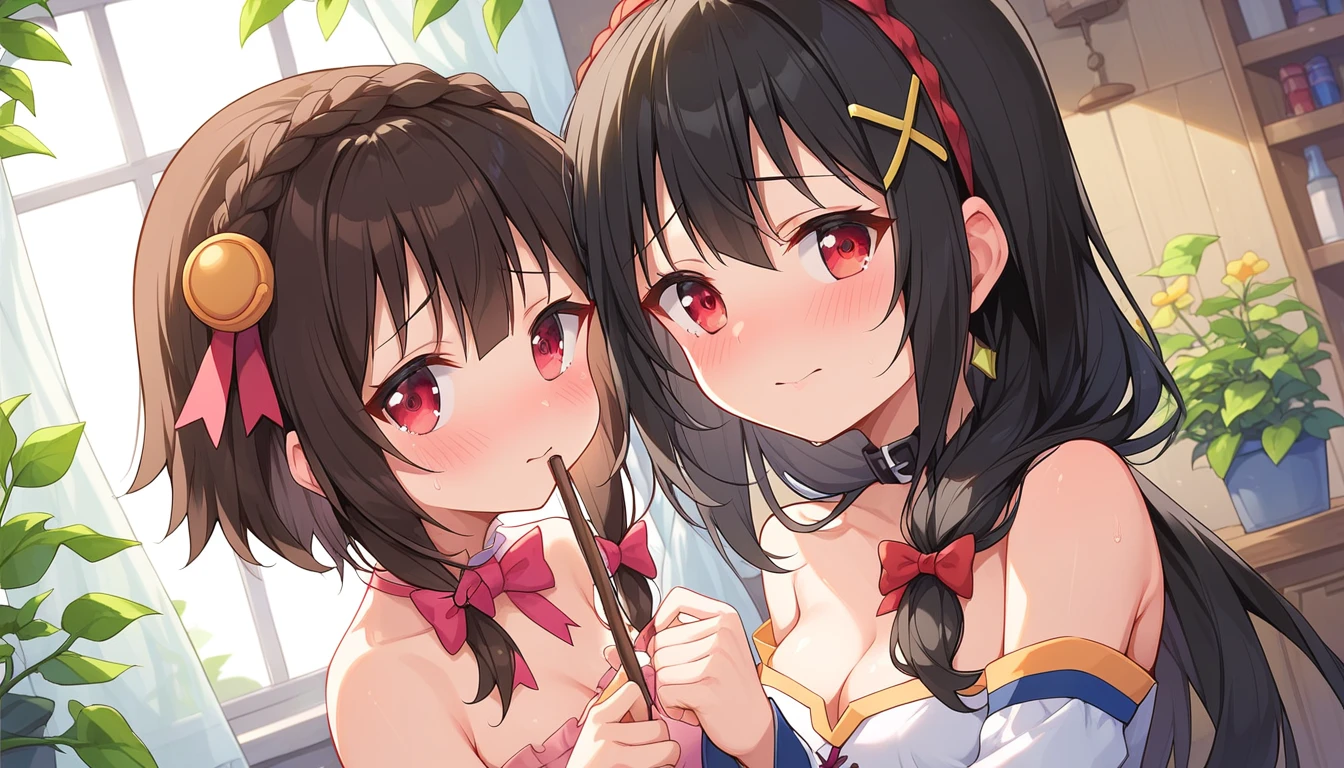 ((2girls:1.3)), ((moe style:1.3)), ((standing:1.3)), ((dynamite stick:1.3)), ((black hair:1.3)), megumin (konosuba), yunyun (konosuba), ((shy:1.3)), blush, ((perfect face)), ((extremely cute:1.3)), ((masterpiece:1.3)), ((8k)), ((best quality:1.3)), ((beautiful)), ((extremely detailed:1.3)) , ((absurdres)), AddXL, ((score_9:1.3)), ((score_8_up:1.3)), ((score_7_up:1.3)), Expressiveh