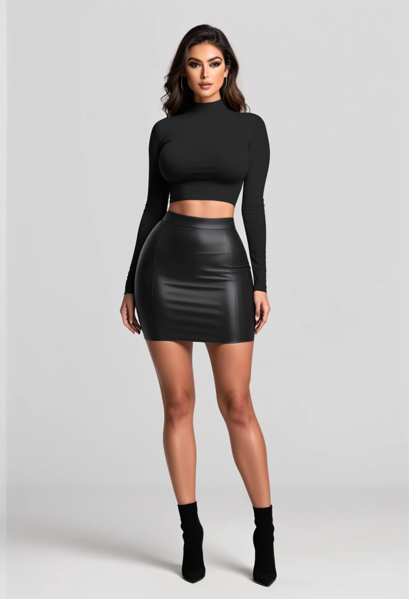 a woman busty and medium thick with crop top with long sleeves and a little black skirt, 8k, thick lengs, full body,standing straight