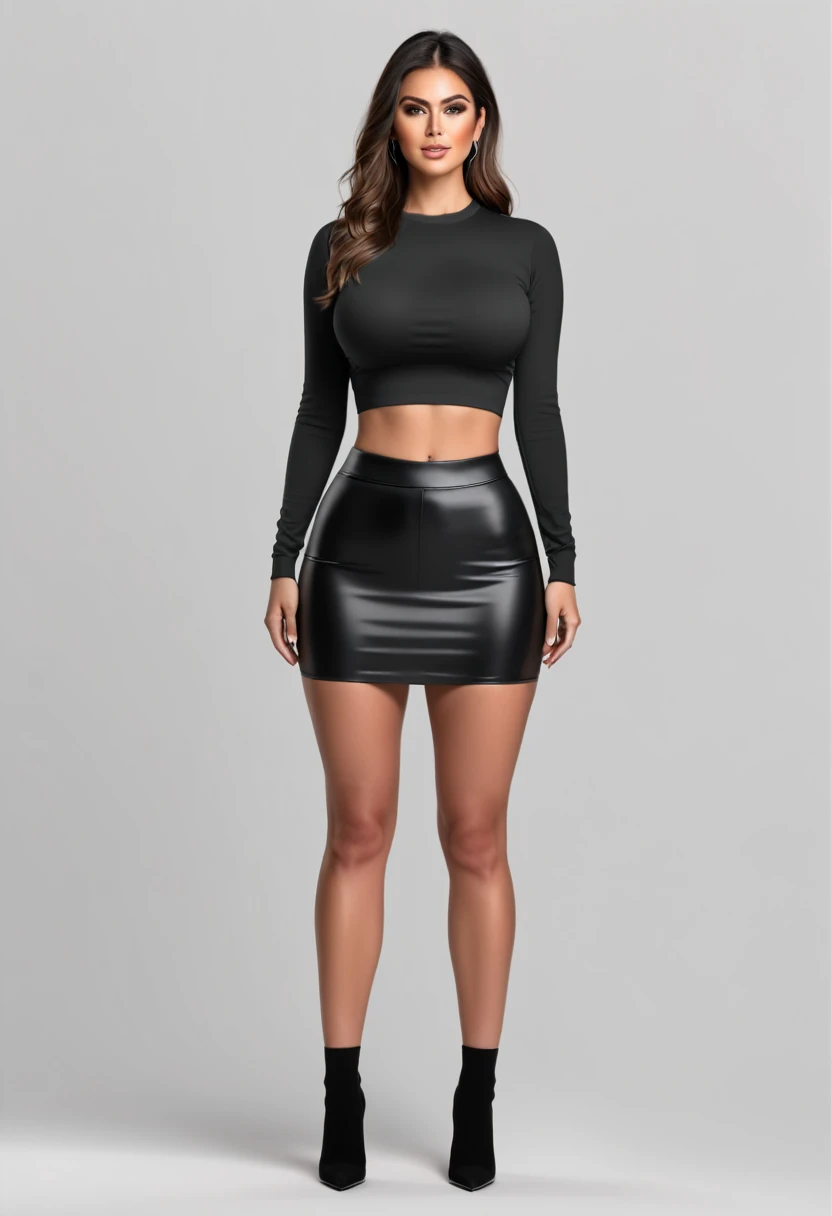 a woman busty and medium thick with crop top with long sleeves and a little black skirt, 8k, thick lengs, full body,standing straight