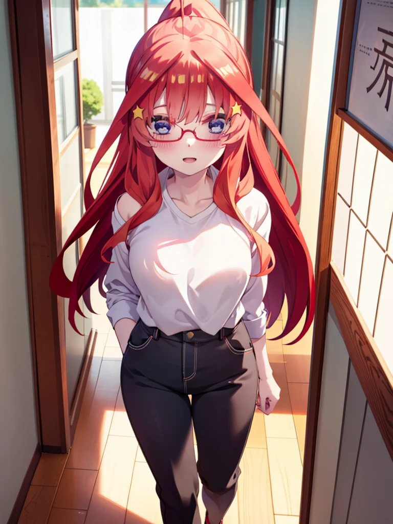 itsukinakano, itsuki nakano, One Woman,bangs, blue eyes, Hair between the eyes, Ahoge, Redhead, star \(symbol\), hair ornaments, star hair ornaments,smile,blush,Open your mouth,ponytail,Red-rimmed glasses,Cold Shoulder Shirt,skinny pants,Stiletto heels,Walking,whole bodyがイラストに入るように,
break indoors, School,廊下
break looking at viewer, whole body,
break (masterpiece:1.2), Highest quality, High resolution, unity 8k wallpaper, (figure:0.8), (Beautiful attention to detail:1.6), Highly detailed face, Perfect lighting, Highly detailed CG, (Perfect hands, Perfect Anatomy),