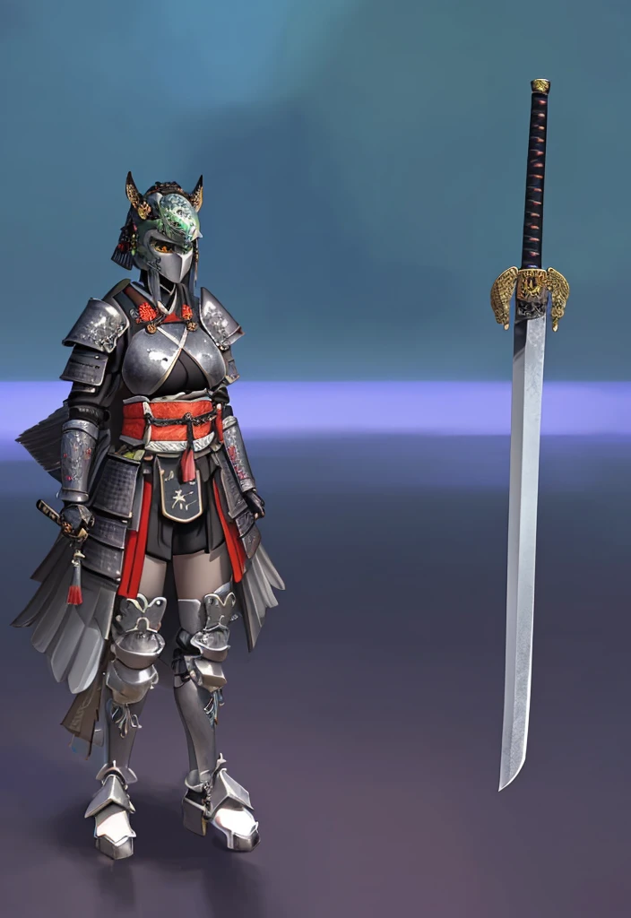 (masterpiece), best quality, high quality art, very detailed texture, super detailed picture high detail texture, high texture detail, super detailed render, hd detailed texture, 1Girl, standing, master piece, full body character concept, full body character design, full body concept art, Samurai, face hidden by Armor helmet shadow, Gray armor, Green tattoo, swordman, detailed Armor Japan, Samurai, beside there is a Katana, green symbol, full Gray Armor japan, big boob