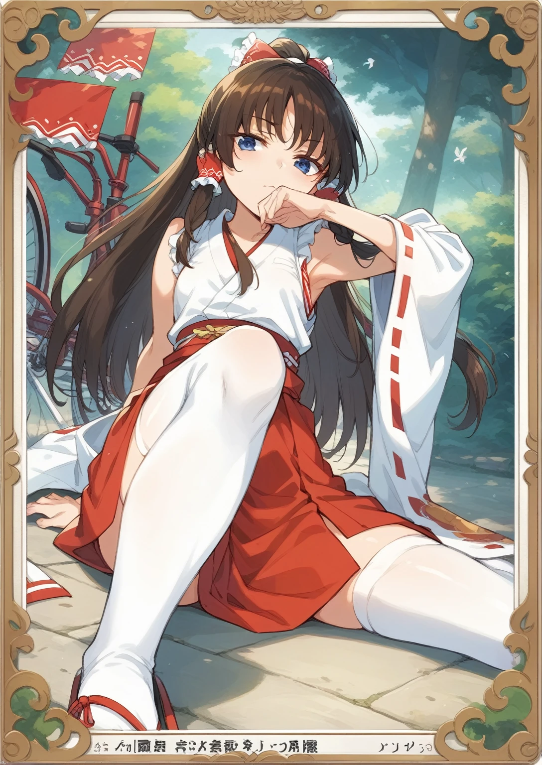 Close-up of a person sitting on the floor on a bicycle, Reimu Hakurei, Artistic rendering of Reimu Hakurei, ikki tousen, Mai Shiranui, shikishi, sakimi chan, Official Art, shikamimi, Trading Cards, Hino Rei plays the princess, harumi, Ayami, Blonde hair, forehead bangs, braided short hair, blue eyes, small breasts, angled above waist,