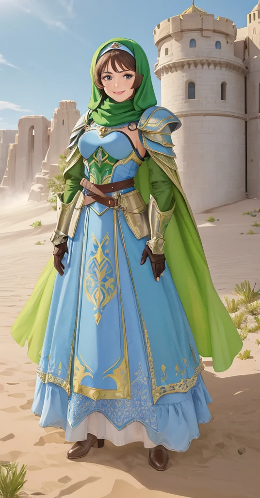 masterpiece, best quality:1.2), 1girl, smile, looking at viewer, green eyes, short brown hair, princess, armor, blue hijab headscarf, pauldrons, armored dress, green cloak cape, wearing puffy blue ballgown skirt, armored boots, fingerless gloves, standing in front of desert castle