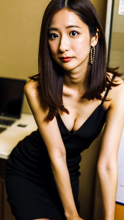 (8K, Highest quality, masterpiece, Realistic, Realistic:1.3), Tamura Mako,Very detailed, 1 Girl,straight,Long Hair,Black Hair,Cute Japanese office worker, (tight short dress:1.3), Serious expression,(Big Breasts, Cleavage, Perfect body), (naked), (At the office:1.2), Sexy pose,Very good, Nice thighs, belly button, 